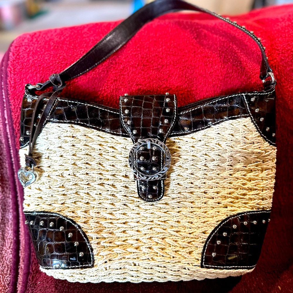 Brighton Cream Woven Shoulder Bag with Dark Brown Croc-Embossed Trim
